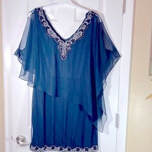 JKARA formal dress NWT embellished navy-sheer beaded neck hem layers mob wife 12